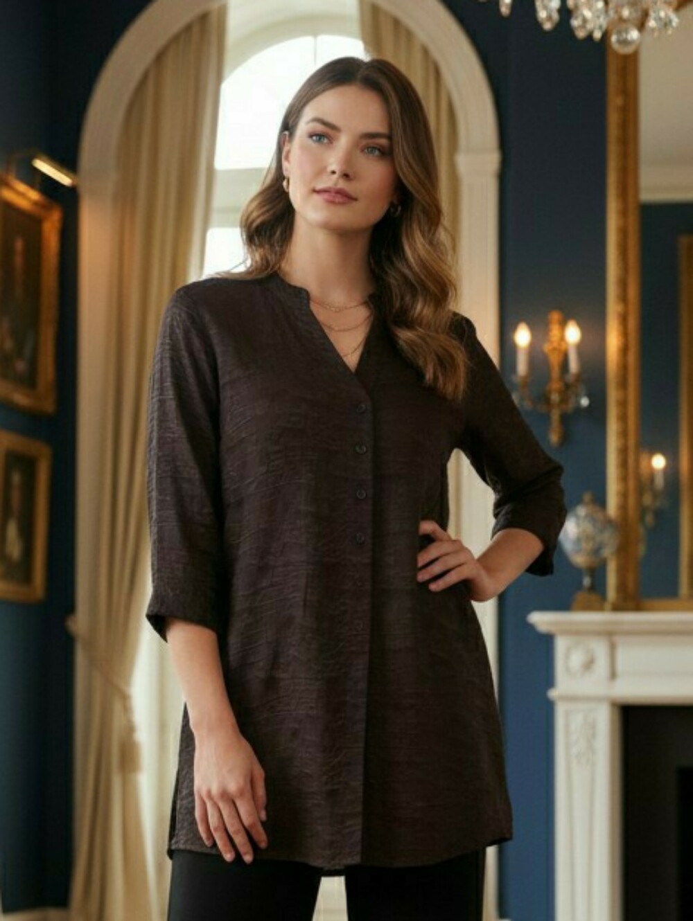 Chicos Mandarin Collar Embellished Tunic